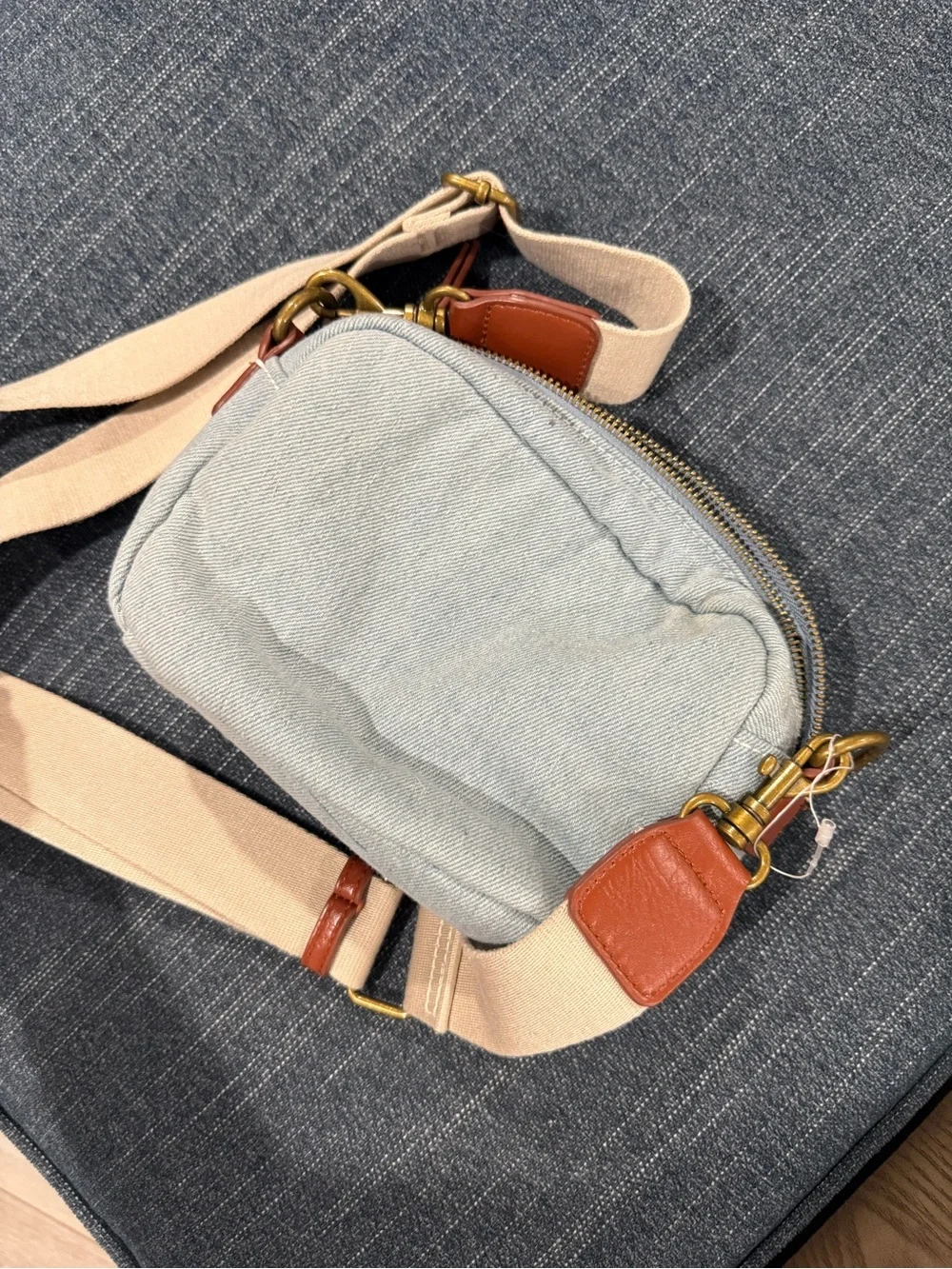 Universal Thread Light Blue Denim Crossbody with Tan Leather Accents